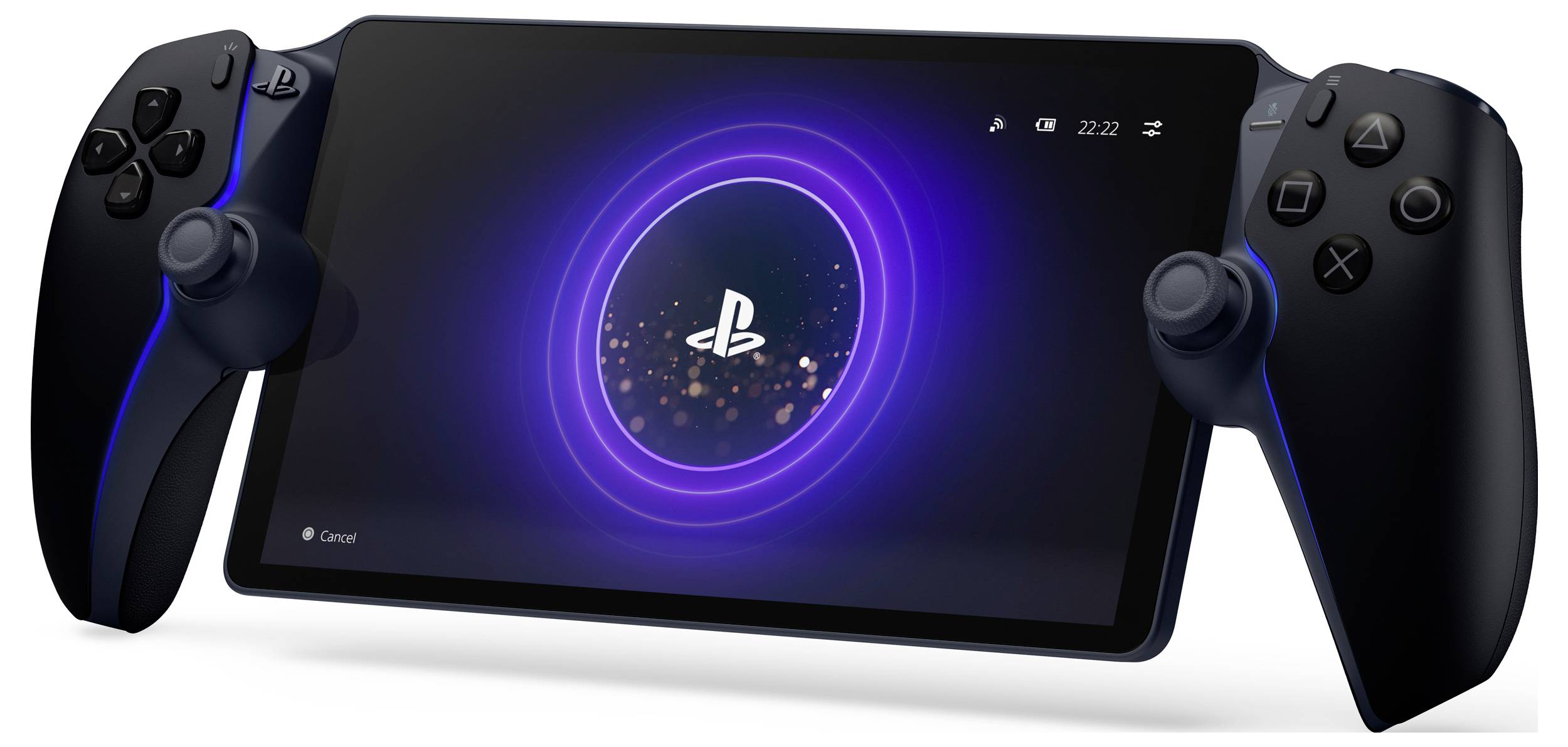 Prenosné herné zariadenie s veľkou obrazovkou zobrazuje logo PlayStation. Po oboch stranách sú umiestnené ovládacie ovládače.