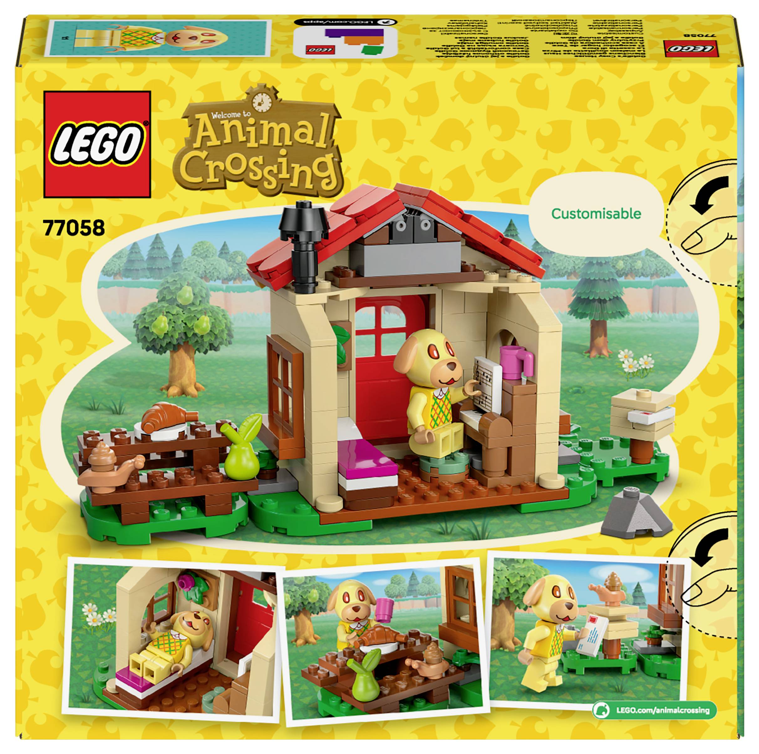 Obrázok ukazuje LEGO súpravu s tematikou 'Animal Crossing', ktorá obsahuje prispôsobiteľný malý domček so strechou, komínom a figúrkami vonku.