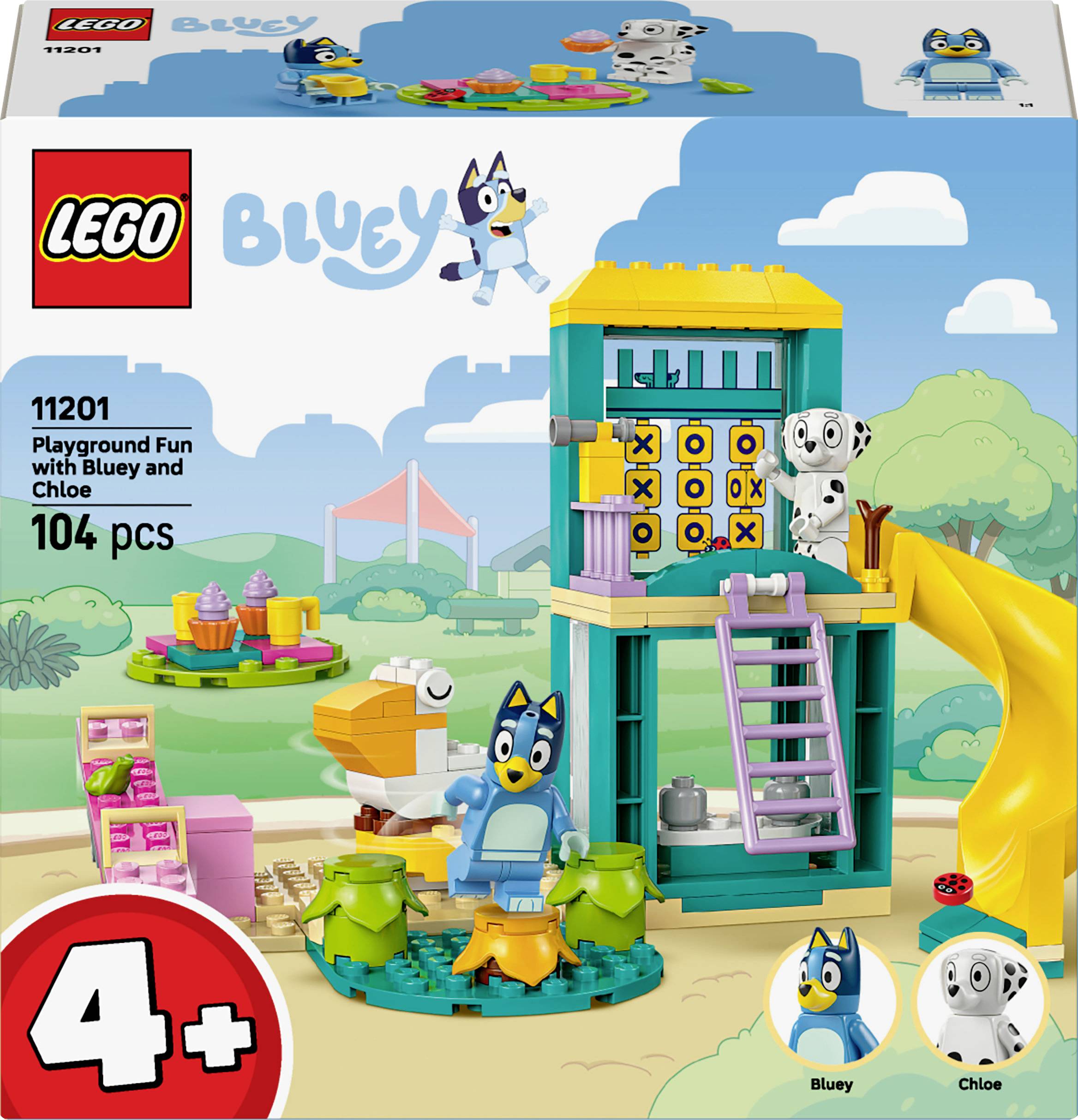 Súprava 'Lego Bluey Dobrodružstvá na ihrisku' pre deti od 4 rokov, obsahujúca figúrky Bluey a Chloe, šmykľavku na ihrisku a domček na strome. Súčasťou sady je 104 dielikov.