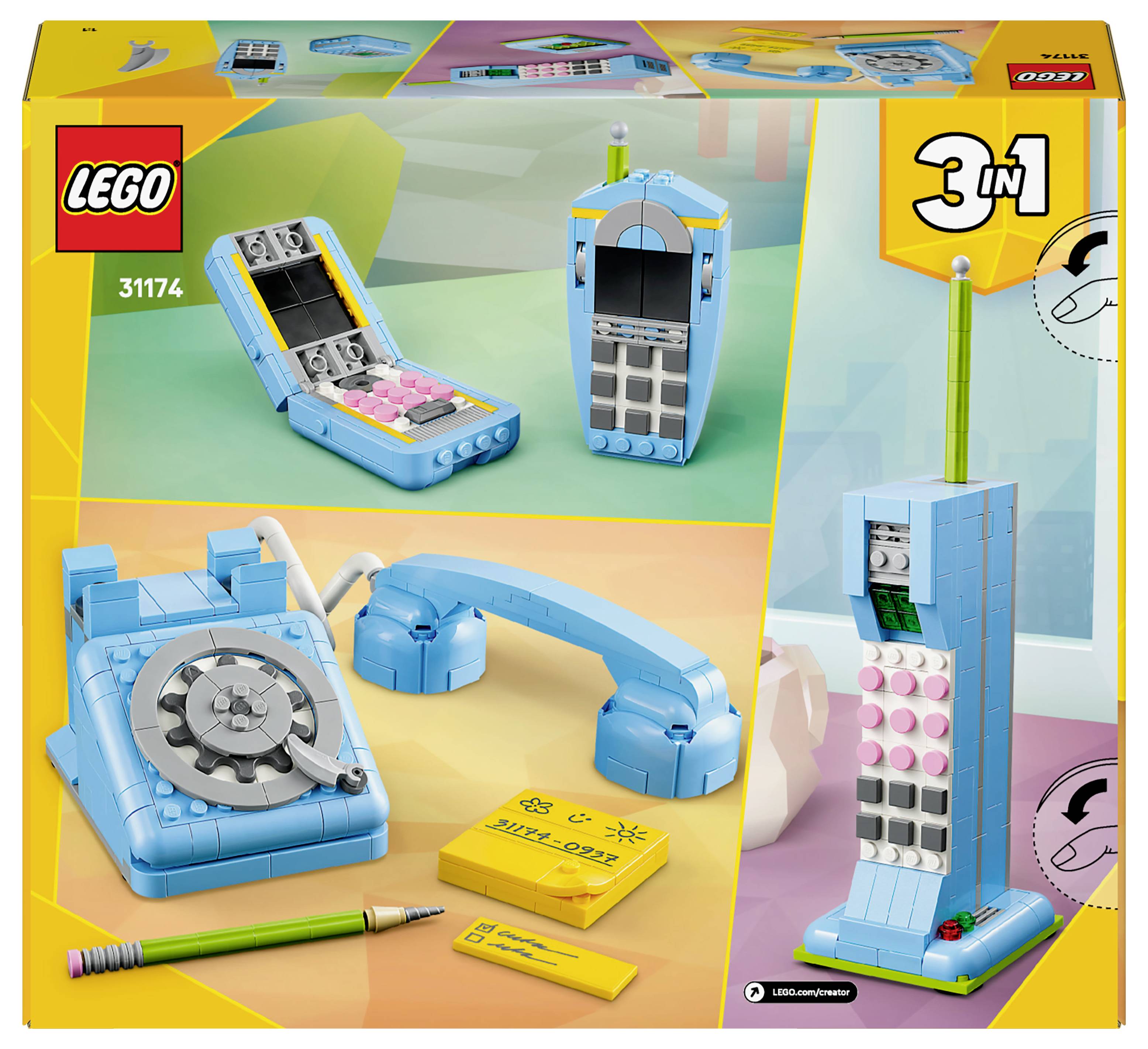 Krabica LEGO súpravy označená '3 v 1' zobrazujúca tri retro elektronické zariadenia: písací stroj, rotačný telefón a ručnú hernú konzolu na báze kociek.
