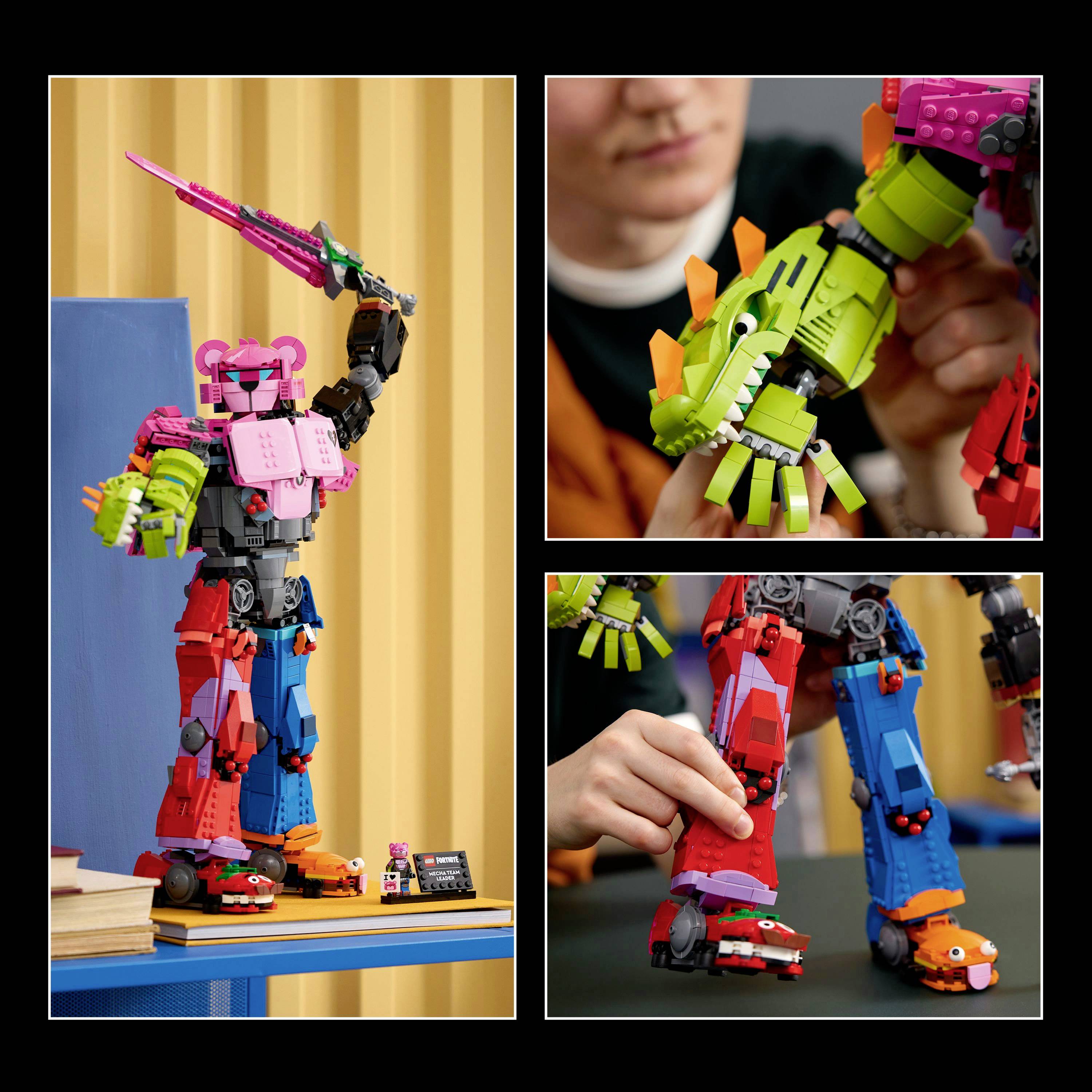 Farebný robotický model zostavený z konštrukčných kociek vystavený na platforme. Dva detailné zábery ukazujú úpravu jeho ramien a nôh.