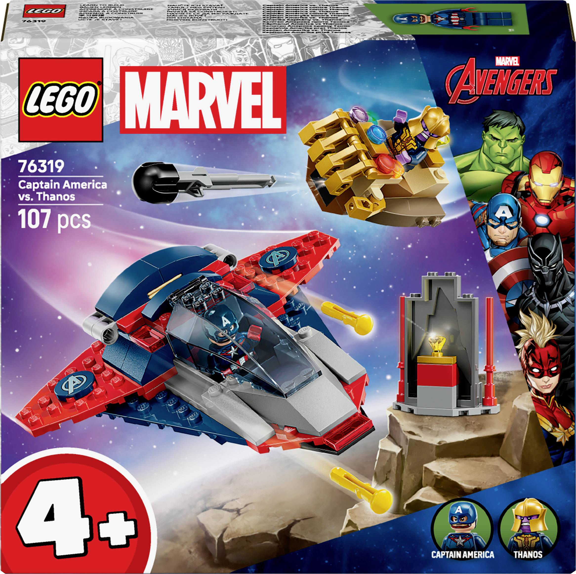 LEGO Marvel Avengers súprava 76319, Kapitán Amerika verzus Thanos, 107 dielikov, vhodné pre deti od 4 rokov, obsahuje vesmírnu loď, Thanosa a Kapitána Ameriku.