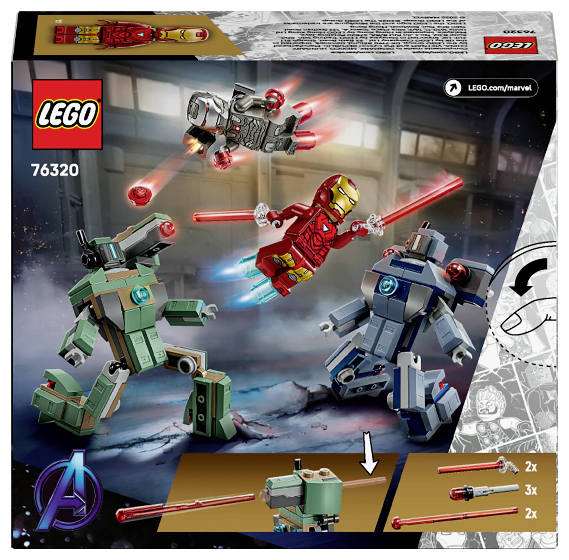 'Lego Marvel 76320 bojujúce Iron Man mecha, so svetelnými lúčmi. Obsahuje figúrky a inštrukcie na zostavenie. Logá Lego a Marvel sú viditeľné.'