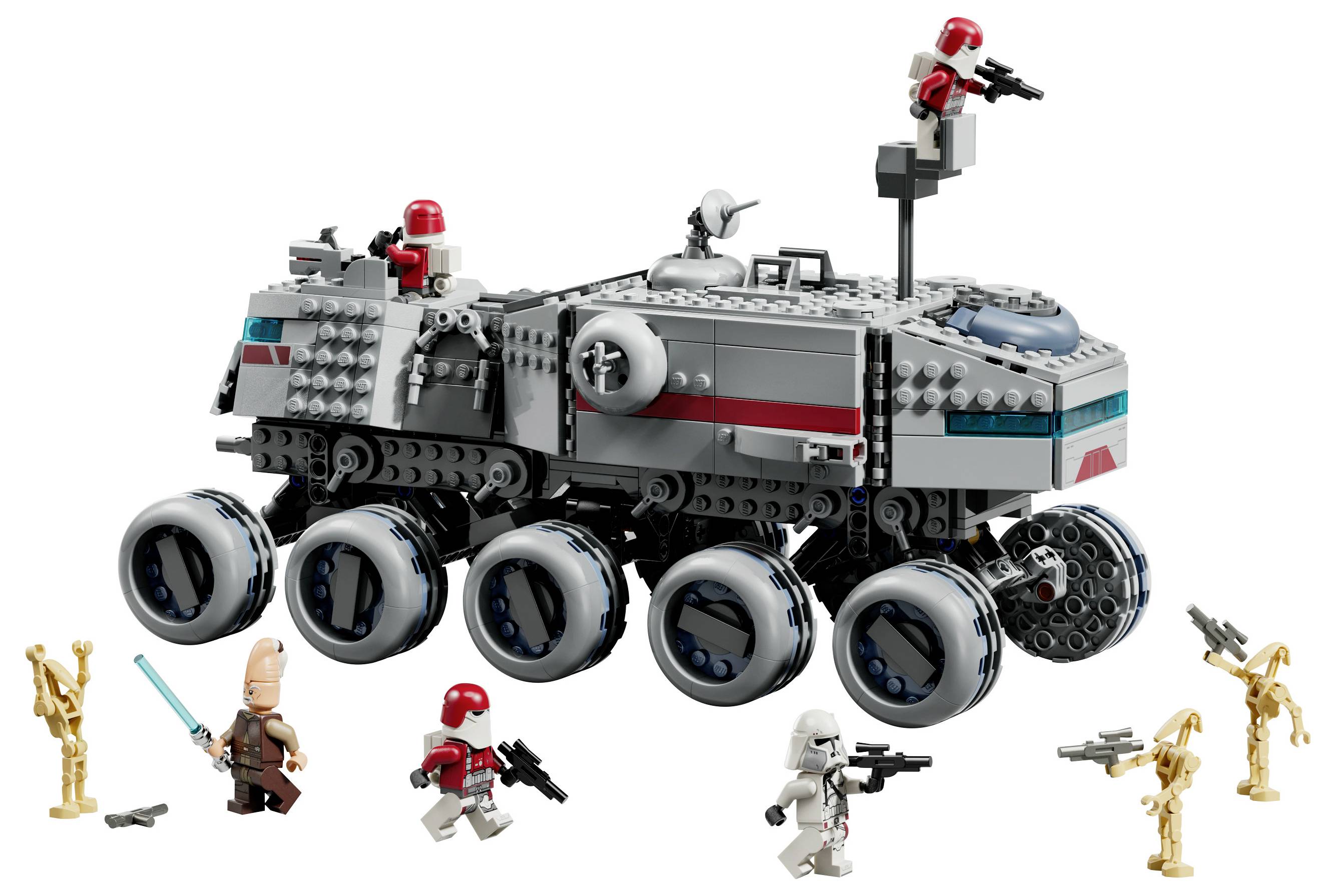 LEGO Star Wars scéna s viackolesovým obrnením vozidlom, na ktorom sú rôzne minifigúrky vrátane vojakov a droidov, v bojovom rozložení.