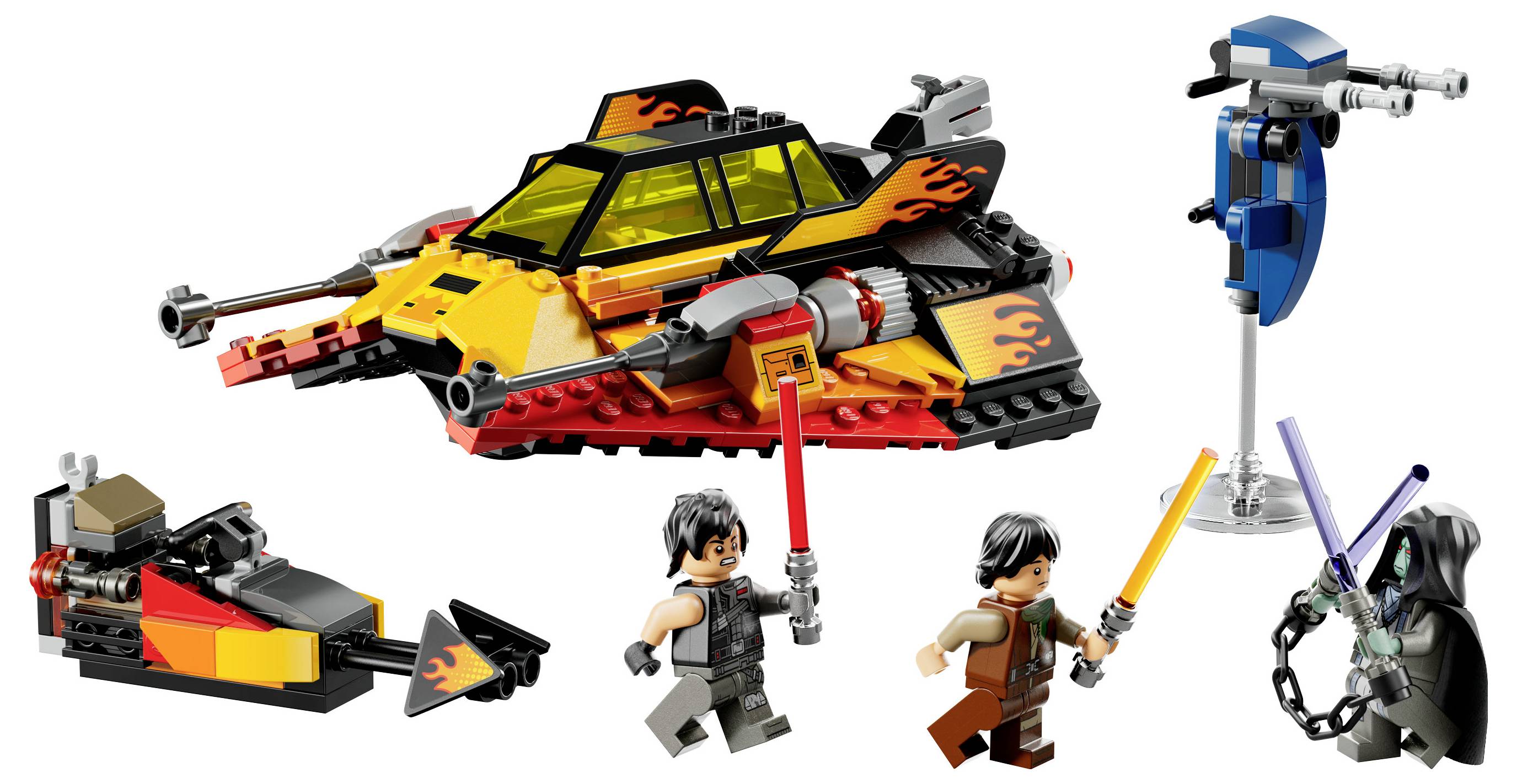 Súprava LEGO Star Wars pozostávajúca z hviezdnej stíhačky s plameňovými nálepkami, dvoch minifigúrok s mečmi svetelnej energie a malého vozidla.