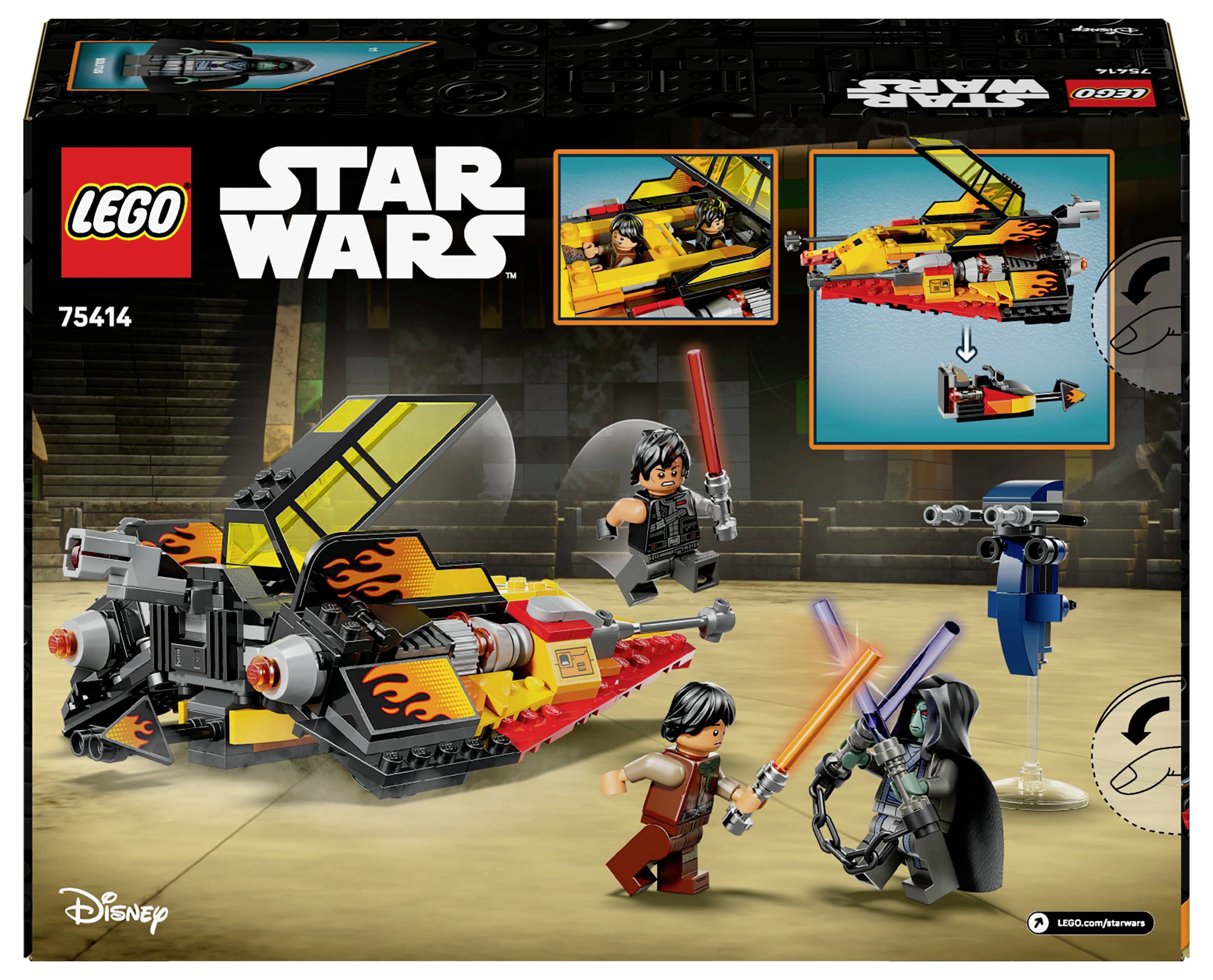 LEGO Star Wars súprava 75414 zobrazuje figúrky s lightsabermi a loď s plameňovými nálepkami. Obsahuje postavy na vznášadlách a droida.