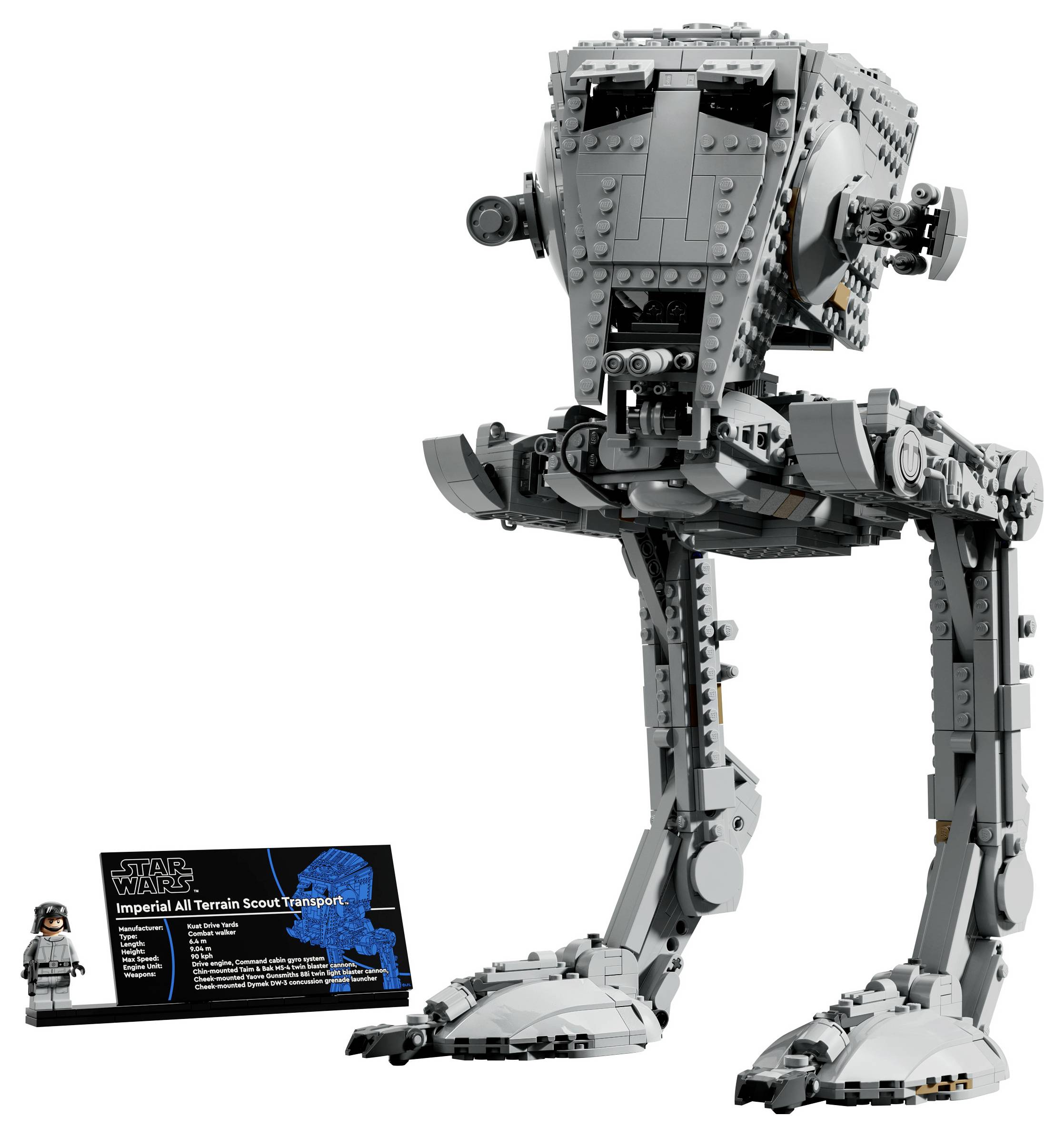Lego model impérskeho prieskumného transportéra (AT-ST) z hviezdnych vojen s precízne spracovanými detailmi, malou figúrkou a displayovou tabuľkou.
