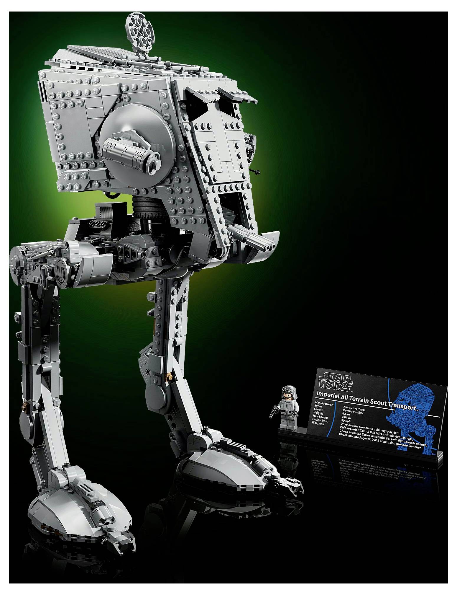 Podrobný LEGO model Imperial All Terrain Scout Transport z hviezdnych vojen, vystavený na podstavci s informačnou tabuľkou.