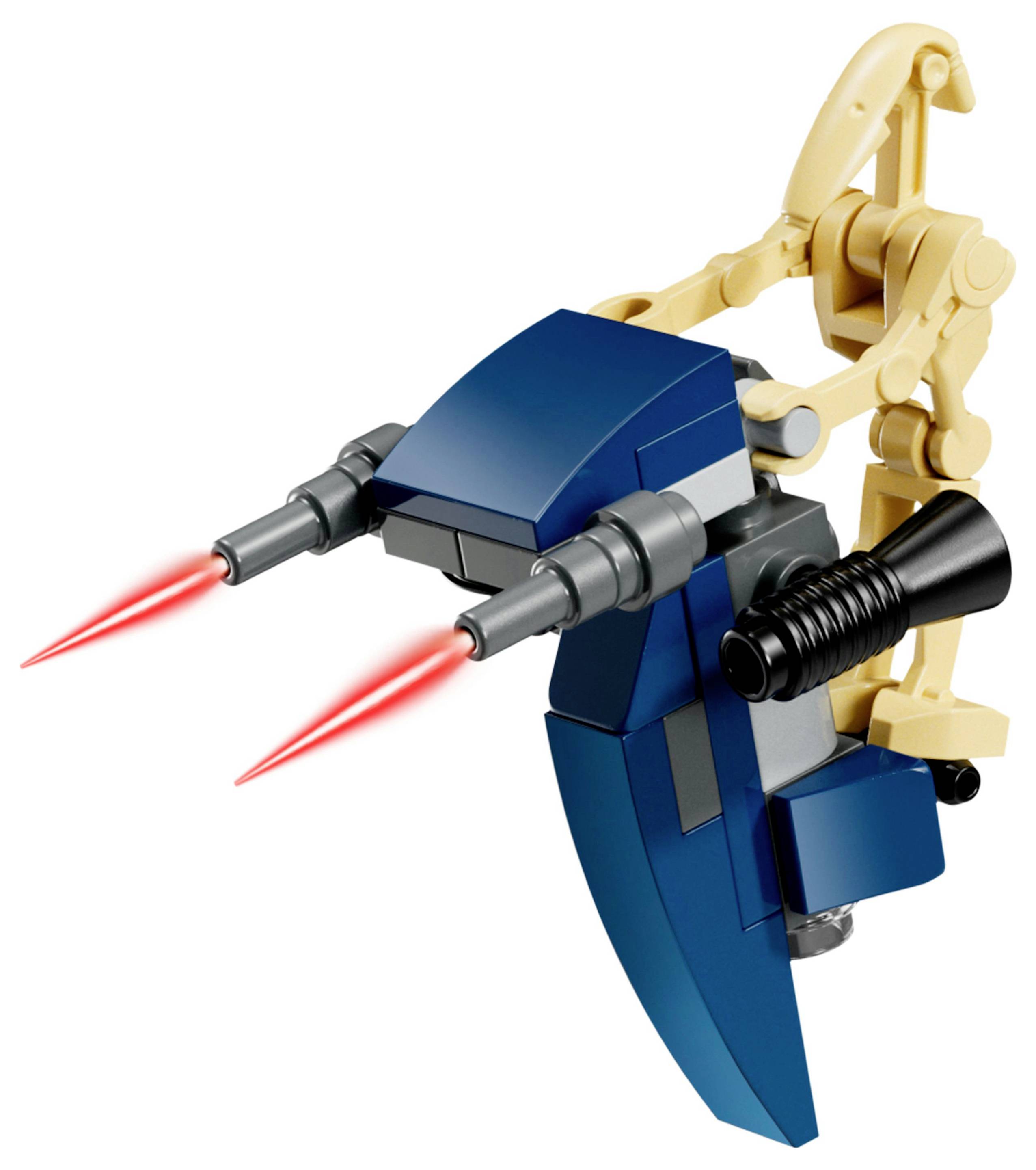 Malý modrý a béžový LEGO robot s dvoma dopredu smerujúcimi červenými svetlami, pripomínajúcimi laserové lúče, s flexibilným ramenom vystretým smerom nahor.