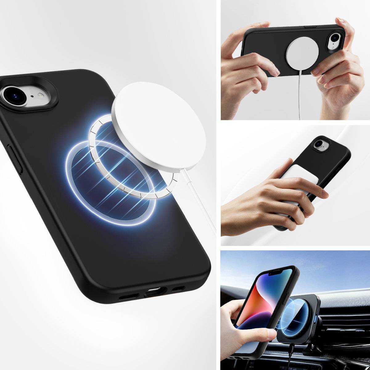 Mobilný telefón s magnetickým obalom sa nabíja a pripevňuje na auto. Ruky ukazujú jednoduché upevnenie a použitie.