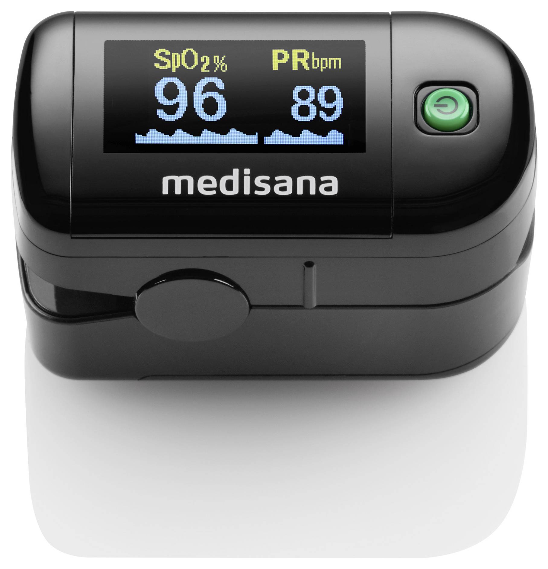 Pulzný oximeter zobrazuje na displeji 'SpO₂ 96%' a 'PR bpm 89'. Je viditeľné zelené tlačidlo.