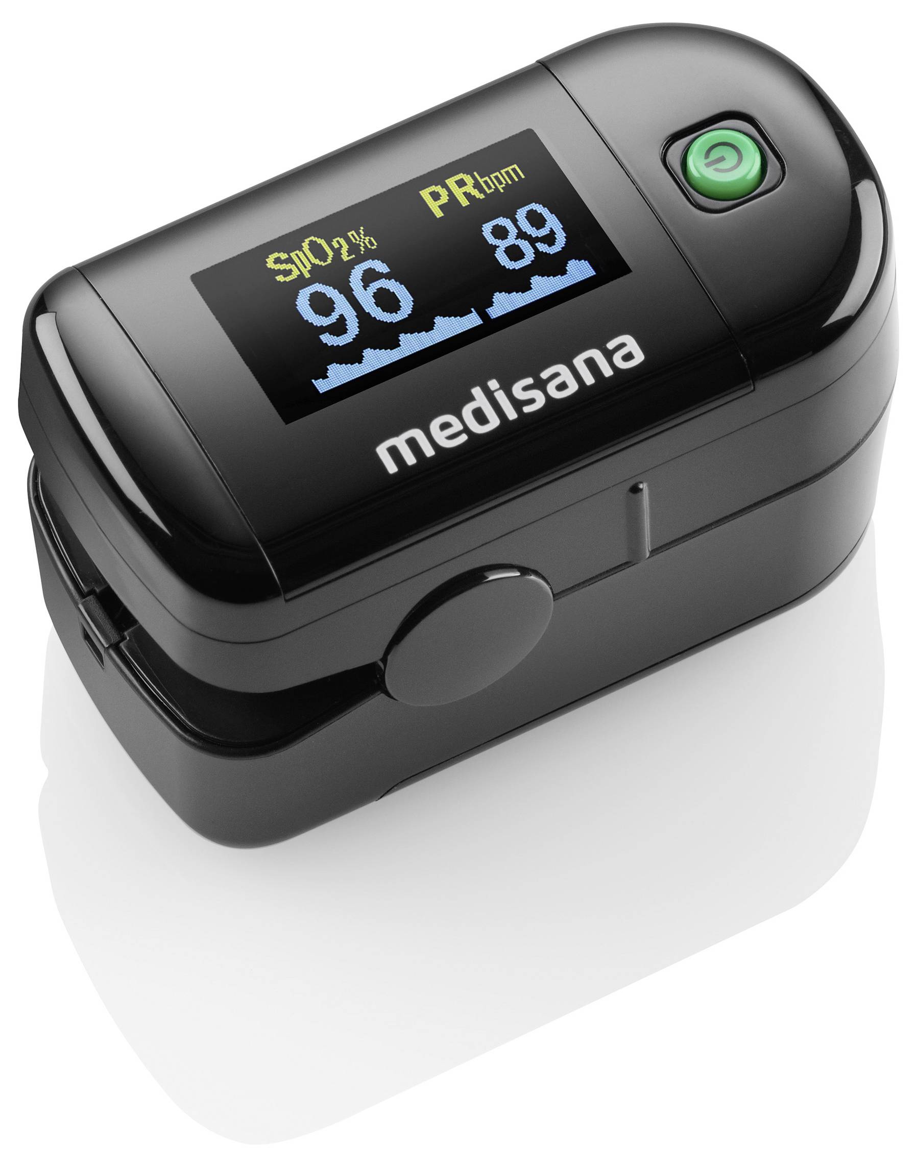 Čierny pulzný oximeter s displejom zobrazuje 'SpO2 96%' a 'PR bpm 89'. Dole je označenie 'medisana'. Leží na bielom podklade.
