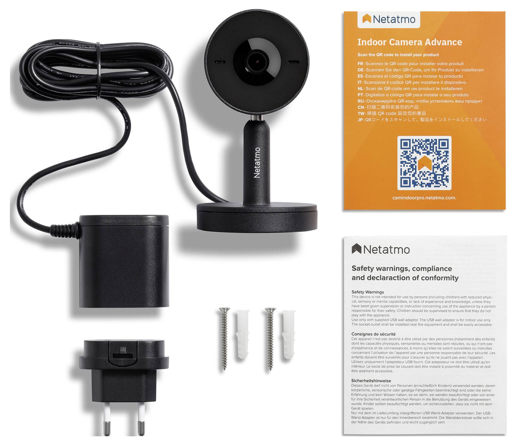 Vnútorná kamera Netatmo Indoor Camera Advance vrátane kábla, napájacieho zdroja, montážneho materiálu a oranžovej používateľskej príručky s QR kódom.