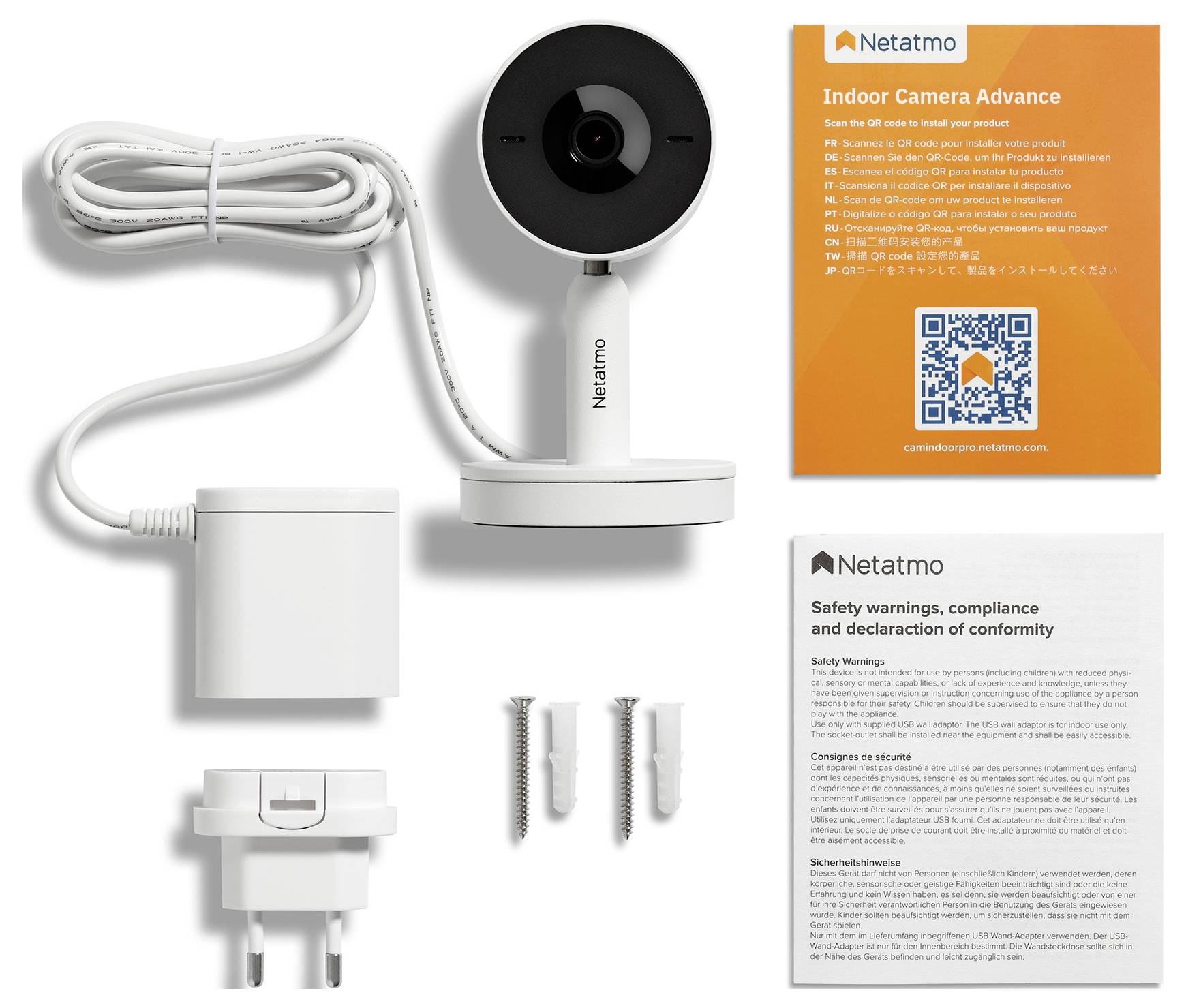 Netatmo vnútorná kamera so zástrčkami, skrutkami a návodmi.