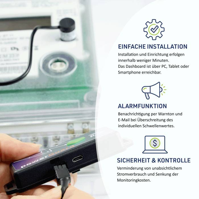 Elektromer s príslušenstvom. Vedľa textu vpravo: 'Jednoduchá inštalácia', 'Alarmová funkcia', 'Bezpečnosť & kontrola'.