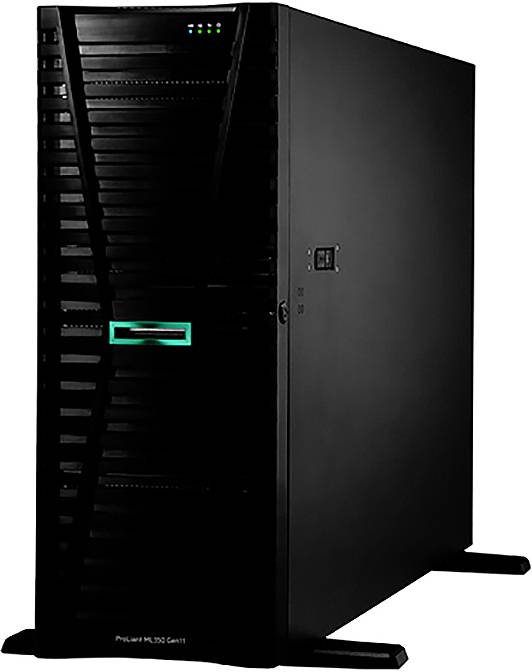 Čierny server s viacerými vetracími štrbinami, ovládacím panelom vpredu a svietiacimi indikátormi, stojaci na podstavných nožičkách.
