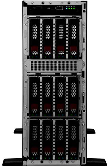 Serverový rack s viacerými pozíciami pre pevné disky. V hornej časti sú viditeľné zelené indikátory stavu, ktoré signalizujú prevádzkový stav.