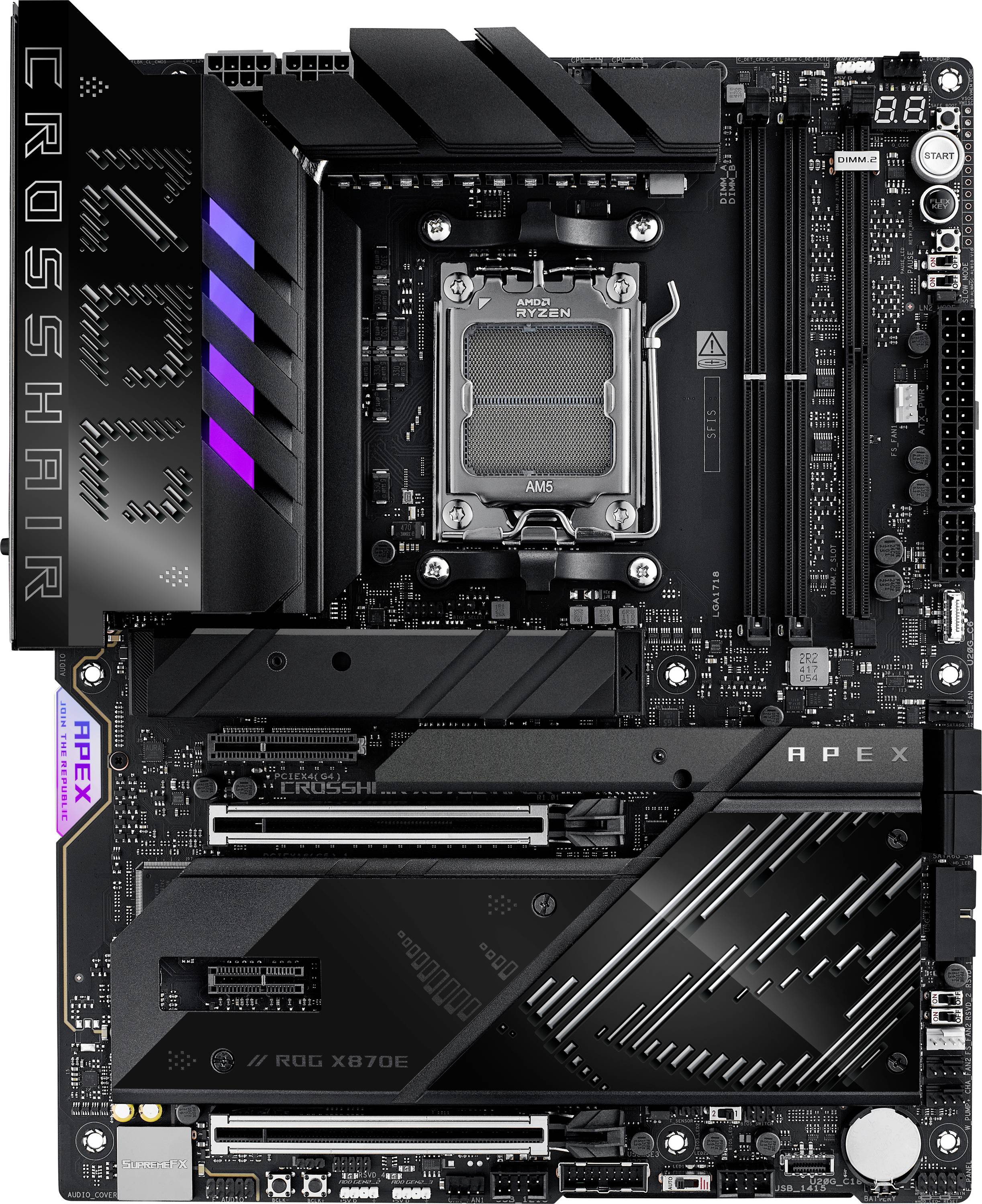 Základná doska s LED indikátormi, viacerými PCIe slotmi a výrazným dizajnom chladiča. Na povrchu sú vytlačené nápisy 'CROSSHAIR' a 'APEX'.