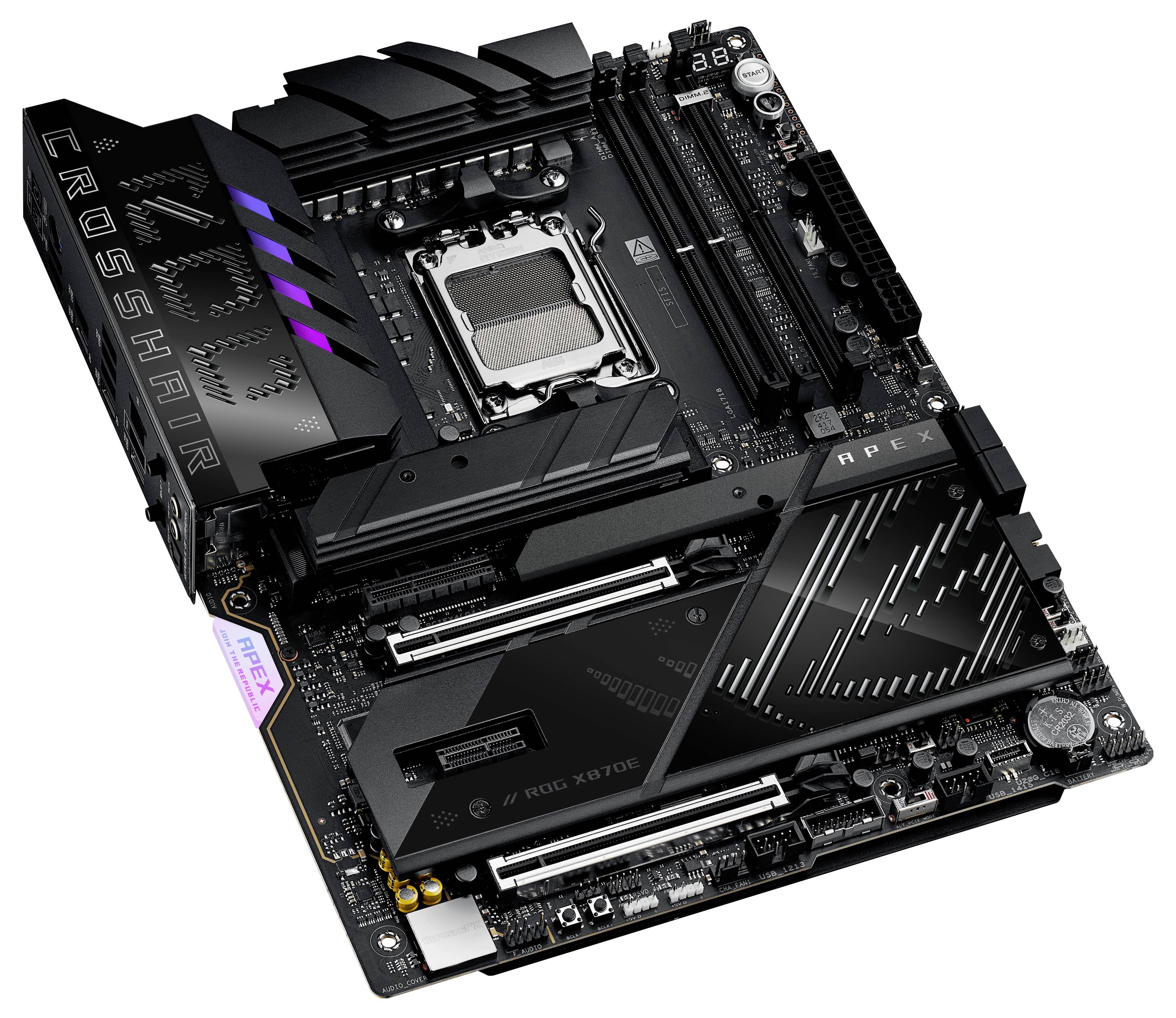 Základná doska s päticou pre CPU, slotmi pre RAM a chladičmi, model 'Crosshair', vhodná pre výkonné počítačové zostavy.