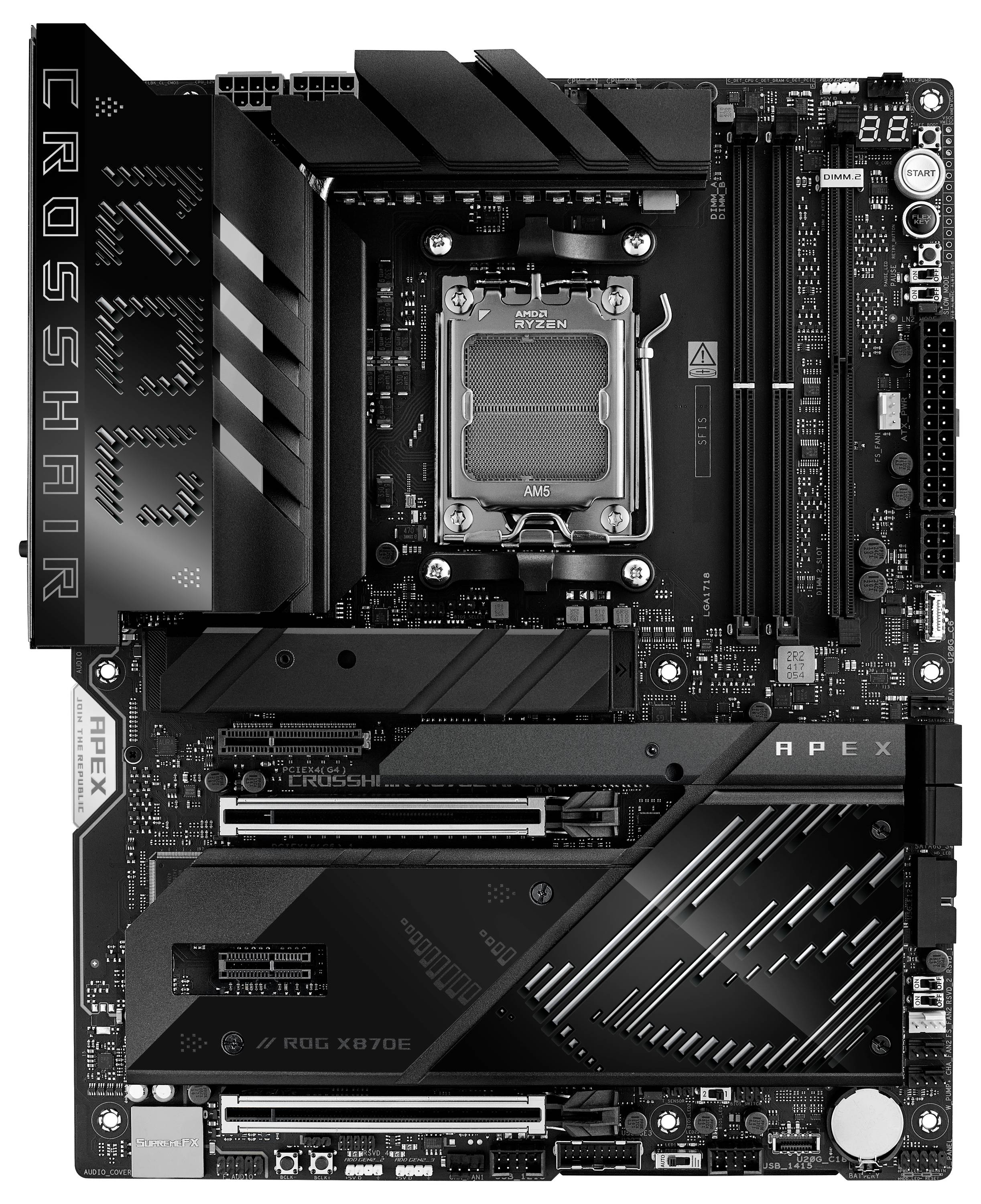 Základná doska s PCIe slotmi, slotmi pre RAM a socketom pre procesor. Viditeľné sú označenia ako 'APEX' a 'CROSSHAIR'.