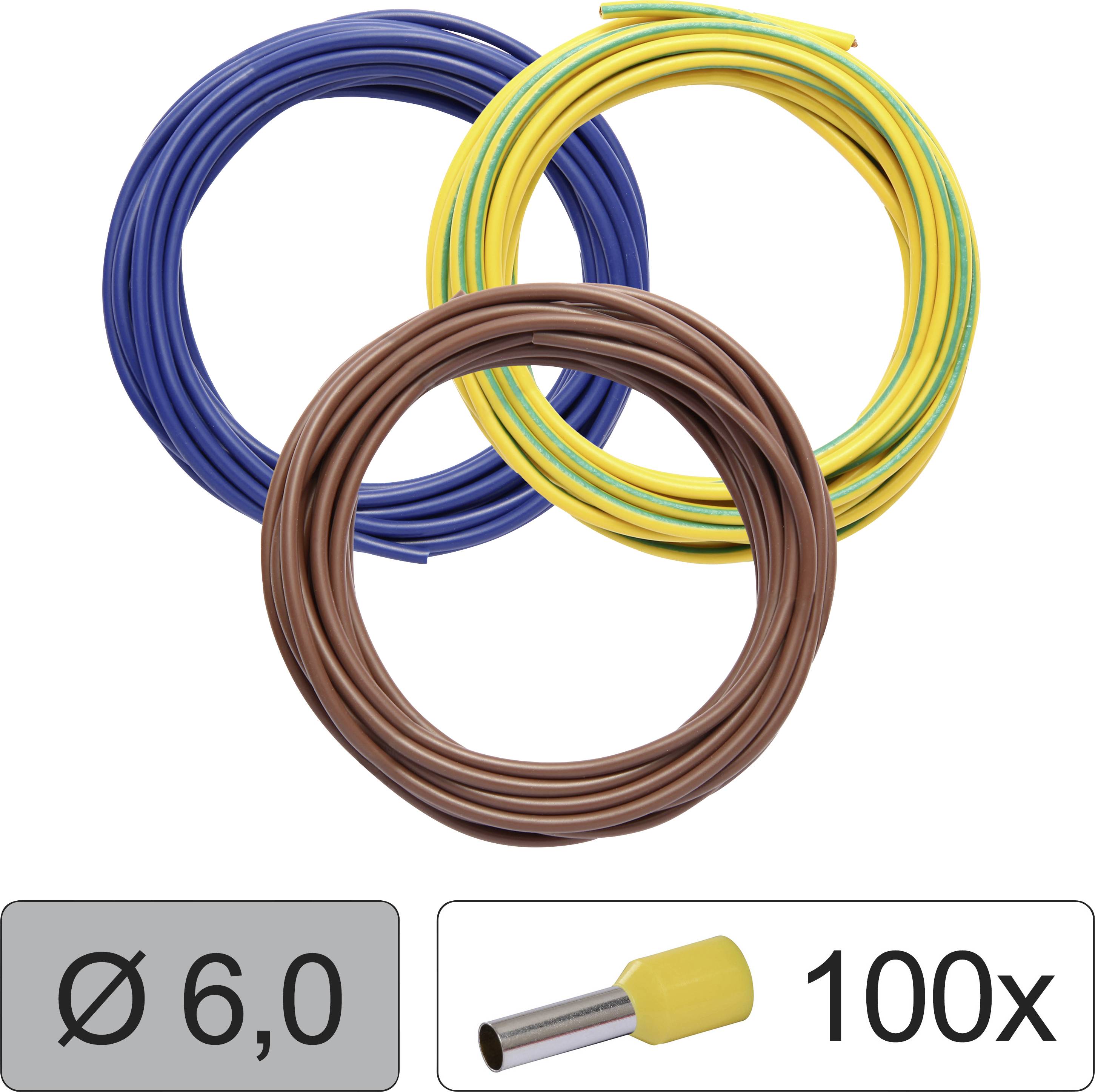 Tri káblové krúžky v modrej, žltej/zelenej a hnedej farbe. Pod nimi je napísané 'Ø 6,0' a '100x' s obrázkom káblovej svorky.