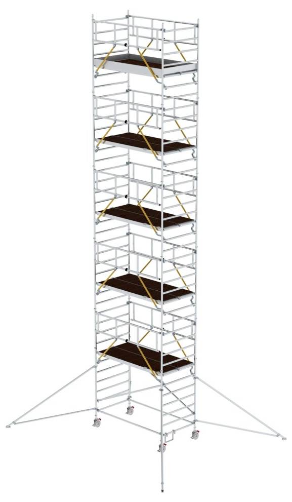 Vysoké pojazdné lešenie s viacerými plošinami, vhodné pre prístup do významných výšok pri stavebných alebo údržbových prácach.