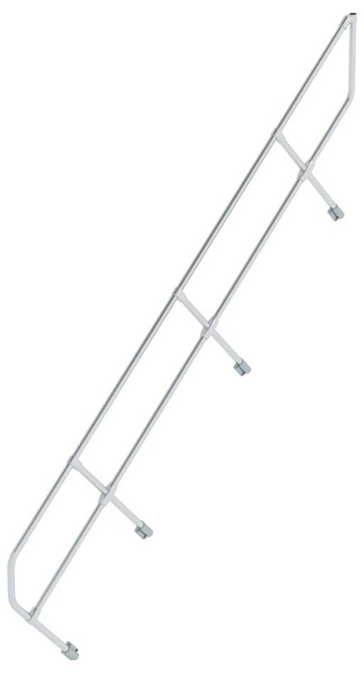 Šikmo umiestnené moderné kovové zábradlie, ktoré sa montuje na stenu. Má niekoľko vertikálnych a horizontálnych líšt.