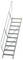 Kovové schodisko s zábradlím, desať stupňov, striebornej farby, vhodné pre priemyselné alebo komerčné použitie.