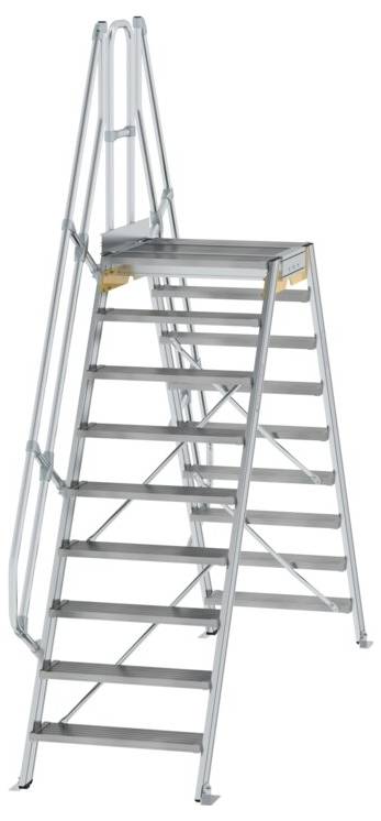 Strieborný, kovový rebrík so širokými schodíkmi a bočnými zábradliami, vhodný pre remeselné práce.