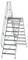 Strieborný, kovový rebrík so širokými schodíkmi a bočnými zábradliami, vhodný pre remeselné práce.
