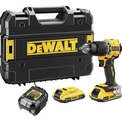 Žltý akumulátorový skrutkovač DEWALT s kufríkom, nabíjačkou a dvoma batériami.