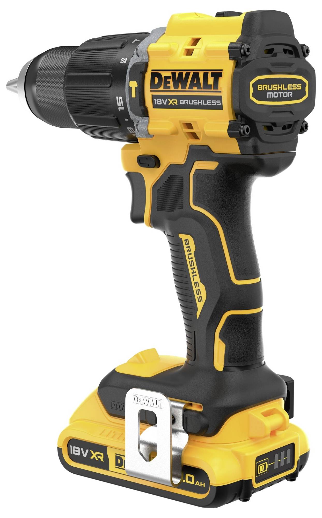Akumulátorová vŕtačka s žltým a čiernym dizajnom, značka a model 'DEWALT 18V XR Brushless'.