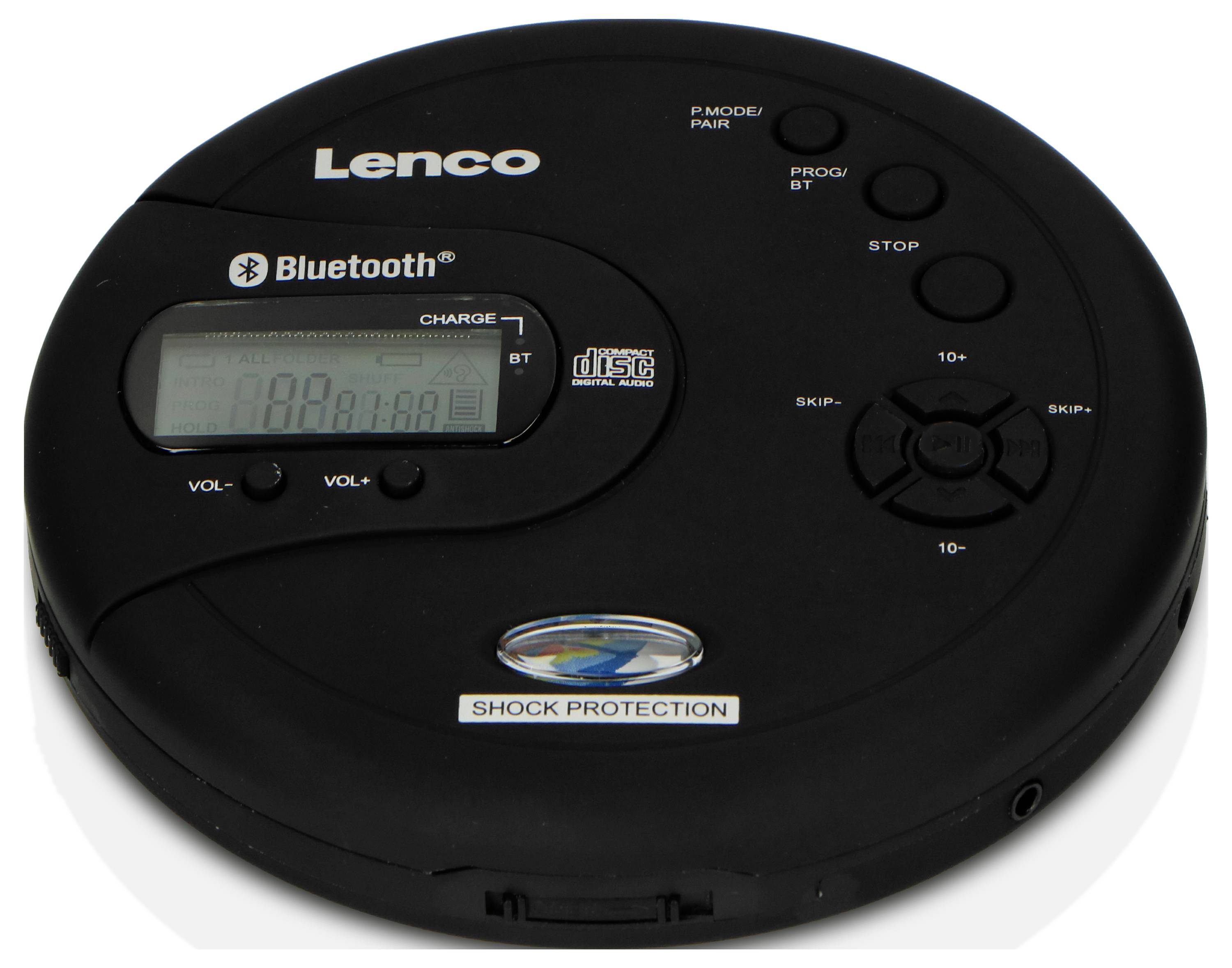 Čierny prenosný CD prehrávač s Bluetooth. Zobrazuje digitálny displej a tlačidlá na ovládanie prehrávania.