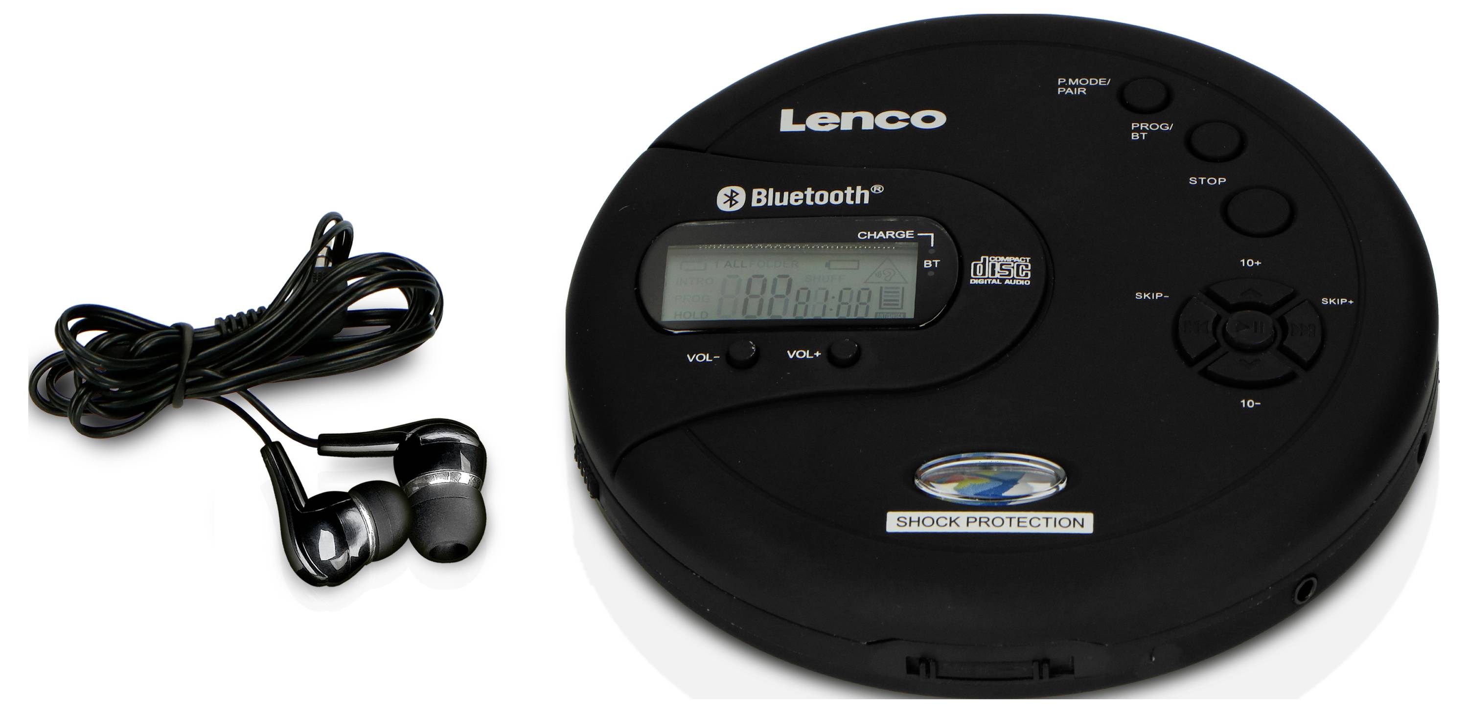 Prenosný CD prehrávač s funkciou Bluetooth, LCD displejom a čiernymi slúchadlami. Značka zobrazená na prehrávači.