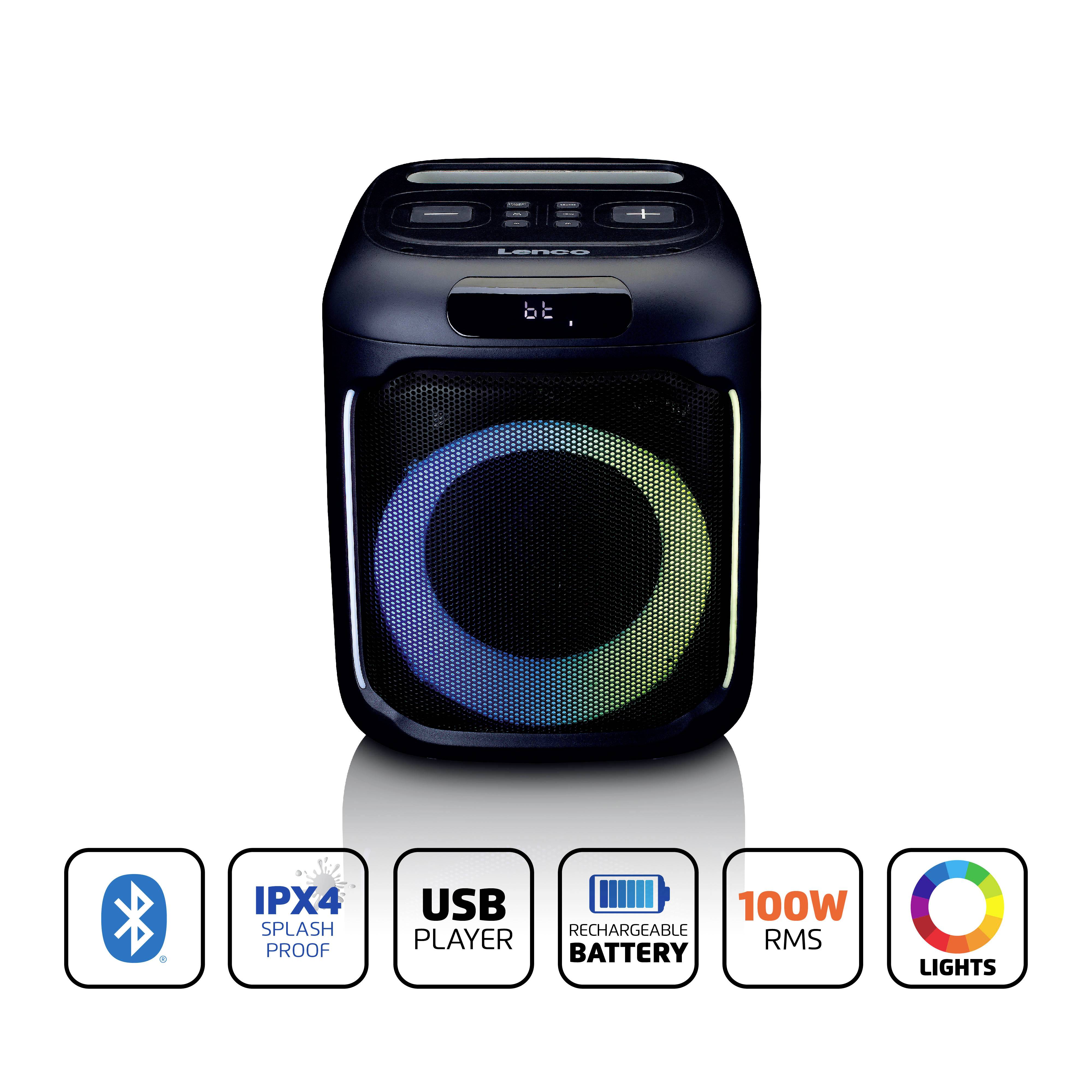 Prenosný reproduktor s farebným LED podsvietením, bluetooth funkciou, IPX4 ochranou, USB prehrávačom, dobíjateľnou batériou a výkonom 100W. Symboly znázorňujú funkcie.