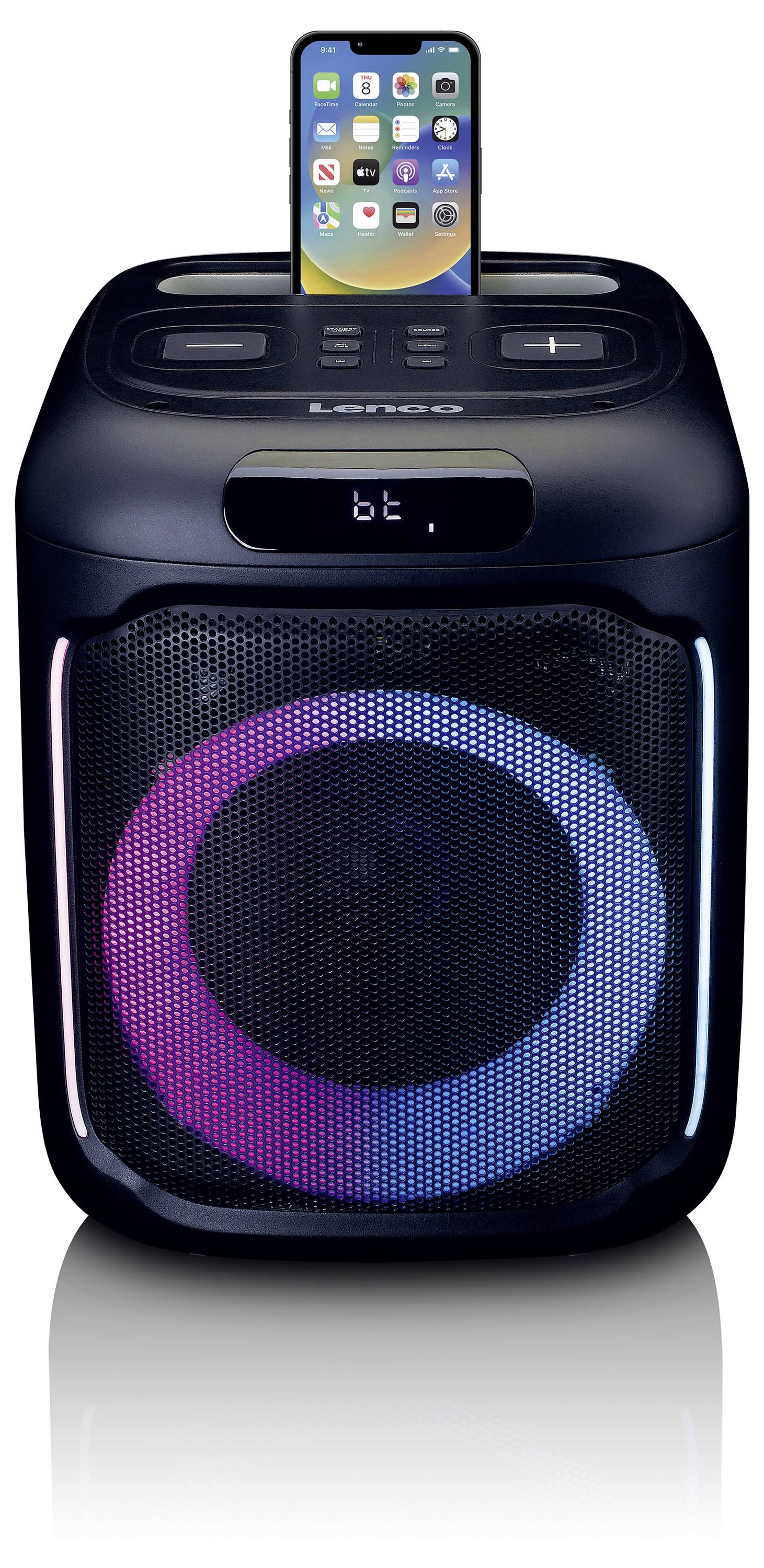 Čierny reproduktor s LED svetelnými kruhmi, bluetooth displejom a smartfónom umiestneným v hornej časti. Ideálny pre streamovanie hudby.