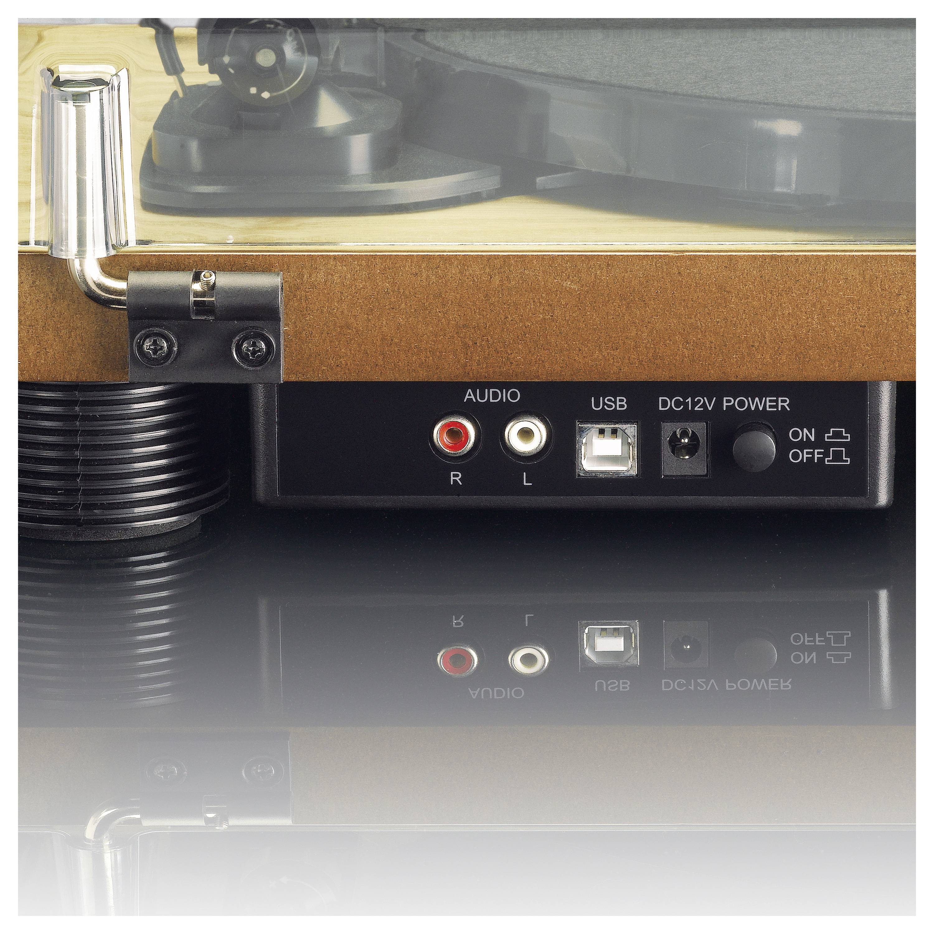 Zadný pohľad gramofónu s prípojkami: Audio (Ľ/P), USB, DC12V napájací konektor. Vypínač Zap/Vyp.