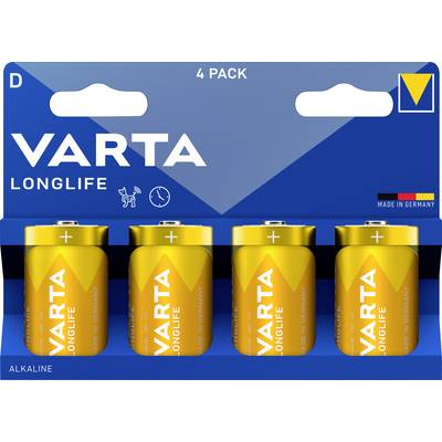 Štvorbalenie batérií Varta Longlife D, alkalické, vhodné pre zariadenia s nízkym odberom energie. Vyrobené v Nemecku.