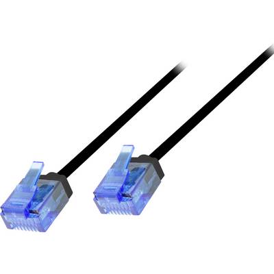 Dva modré konektory sieťového kábla Ethernet s čiernymi kábľami na bielom pozadí, zobrazené v blízkom zábere.