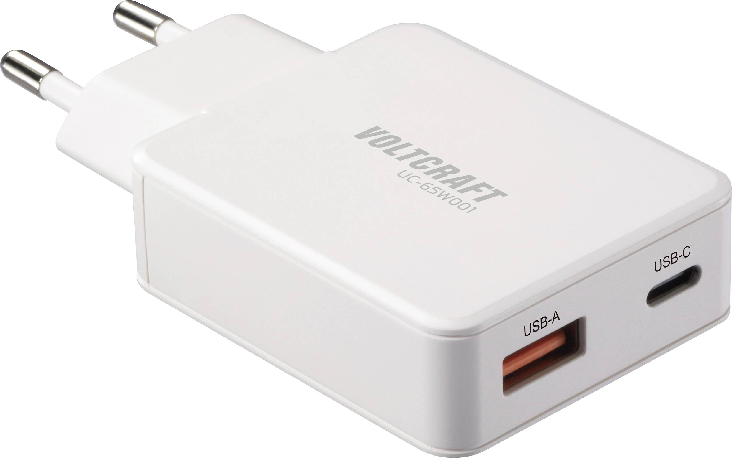 Sieťová nabíjačka 'VOLTCRAFT UC-25WQC1' s USB-A a USB-C portom, vhodná pre elektronické zariadenia, vrátane európskeho sieťového adaptéra.
