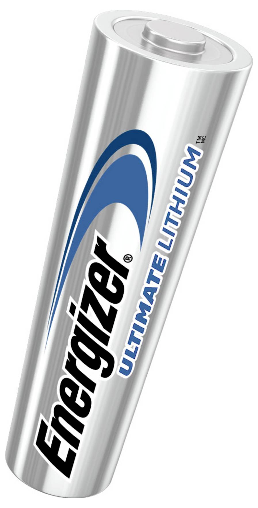 Strieborná lítiová batéria 'Energizer Ultimate Lithium' valcovitého tvaru, s modro-čiernym logom, mierne šikmo vyfotografovaná.
