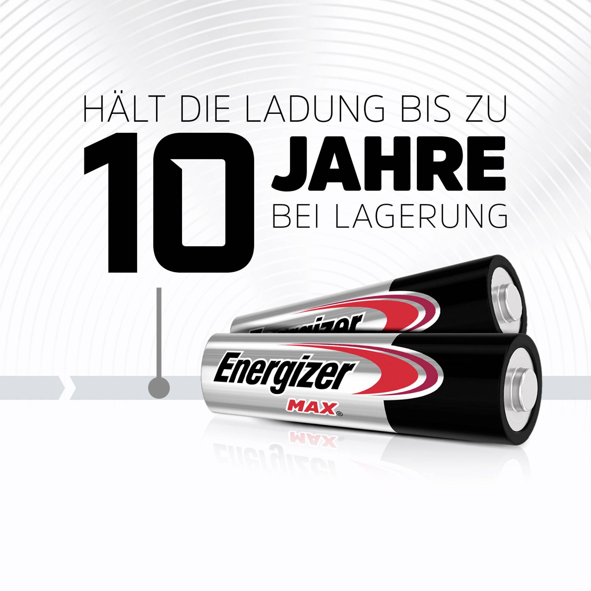 Dva batériové články Energizer Max na bielom pozadí s textom 'Uchová si náboj až 10 rokov pri skladovaní'.