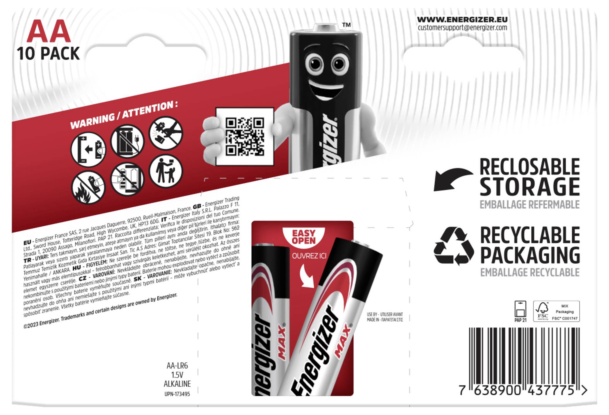 Balenie 10 AA batérií od Energizeru. Výstražné upozornenia a QR kód na prednej strane. 'Znovu uzatvárateľné skladovanie' a 'Recyklovateľný obal'.
