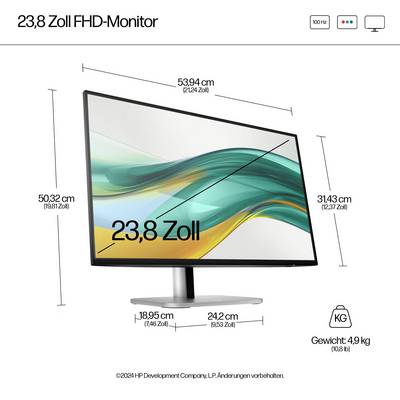 23,8-palcový FHD monitor s rozmermi: 53,94 cm šírka, 31,43 cm výška. Hmotnosť: 4,9 kg. Uhlopriečka obrazovky: 23,8 palcov.