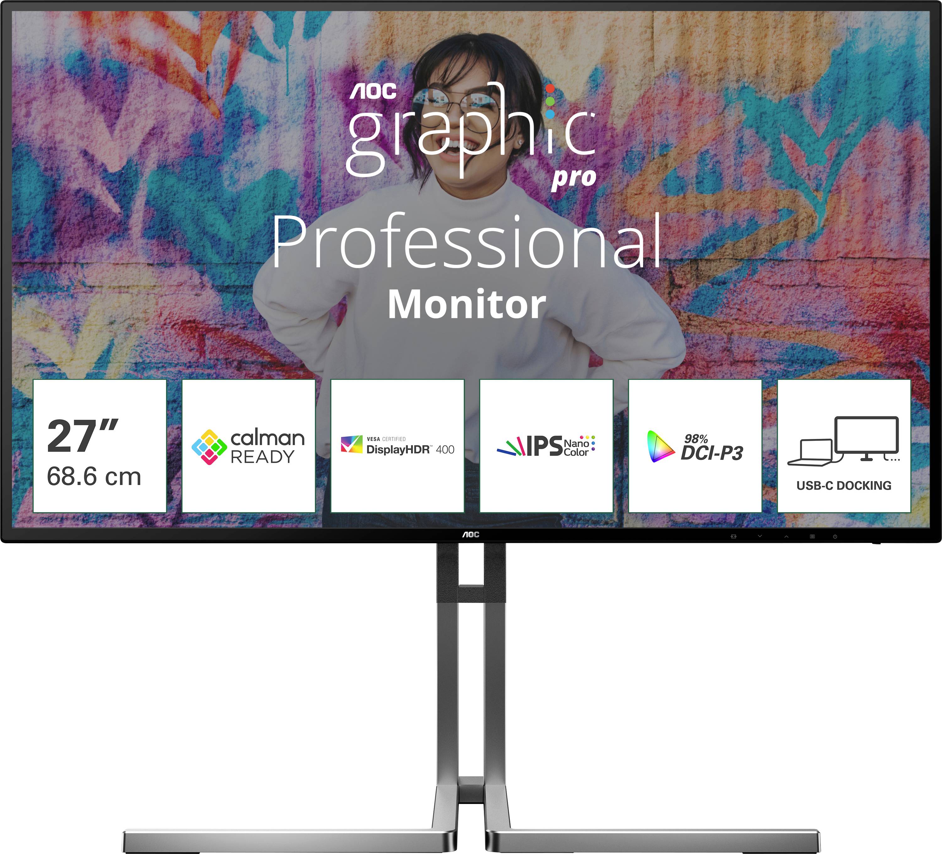 Monitor s farebným pozadím. Text: 'Profesionálny Monitor', 27 palcov. Vlastnosti: Calman Ready, DisplayHDR 400, IPS, 90% DCI-P3, USB-C Dokovanie.