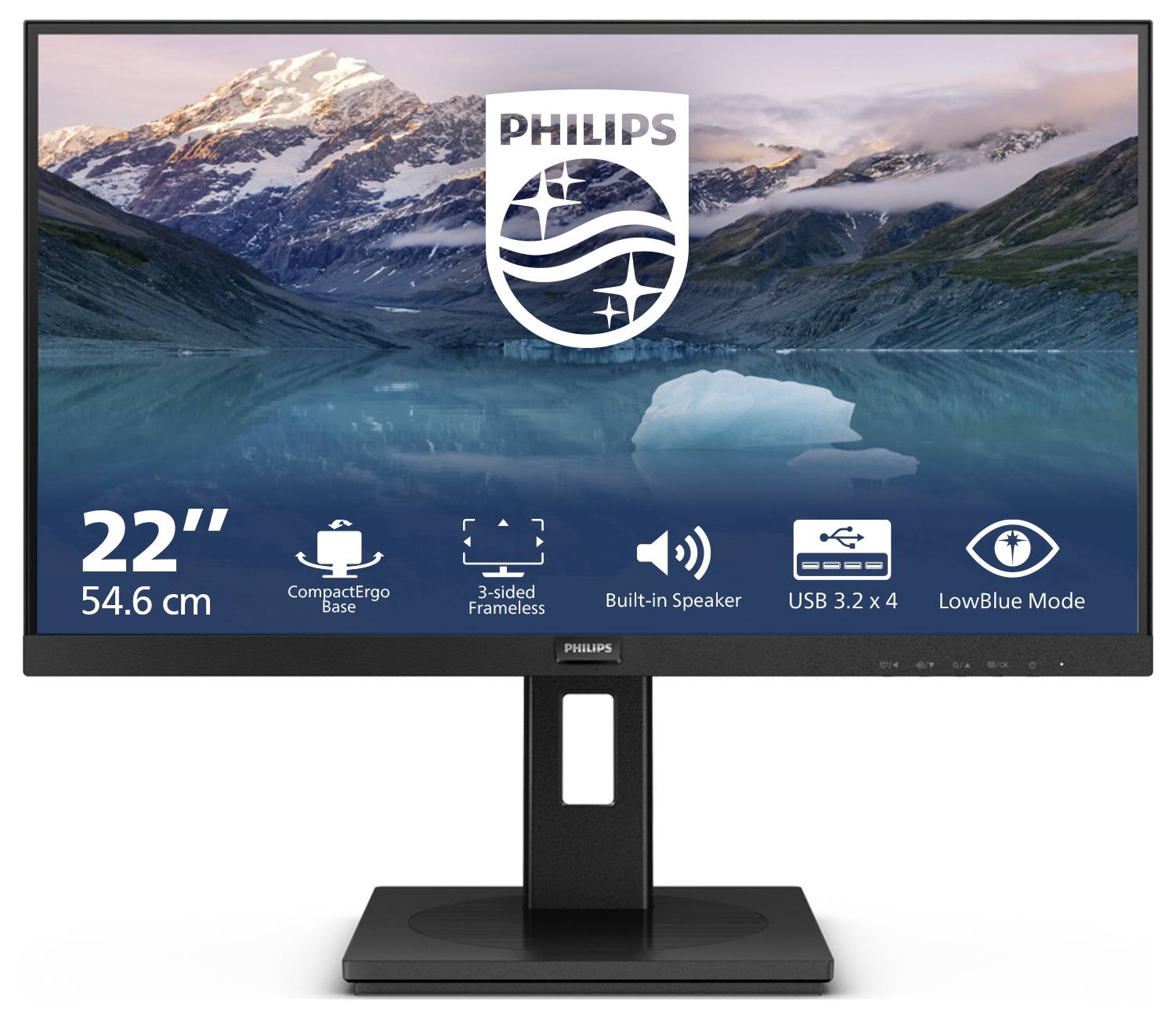 Philips monitor s uhlopriečkou 22 palcov. Funkcie: CompactErgo podstavec, bezrámový dizajn, reproduktory, USB 3.2, LowBlue режим.