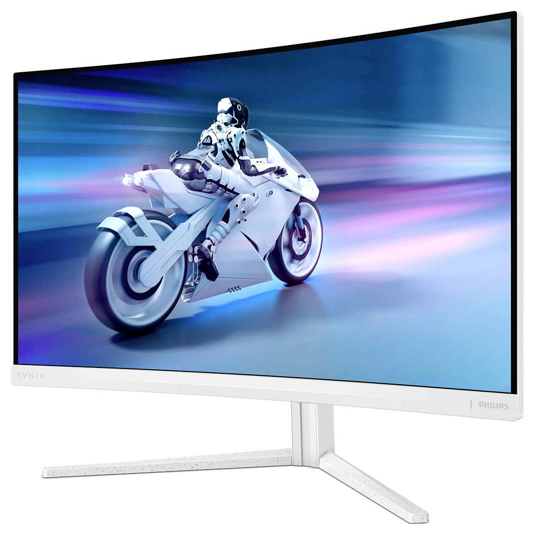 Plochý displej zobrazuje futuristický obraz robota na bielej motorke, ktorý je v pohybe so zahmleným modrým pozadím.