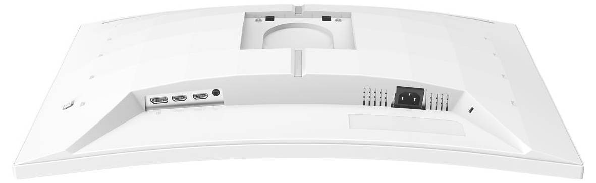 Zadná strana bieleho počítačového monitora s konektormi: dva HDMI porty, jeden DisplayPort a napájací konektor.