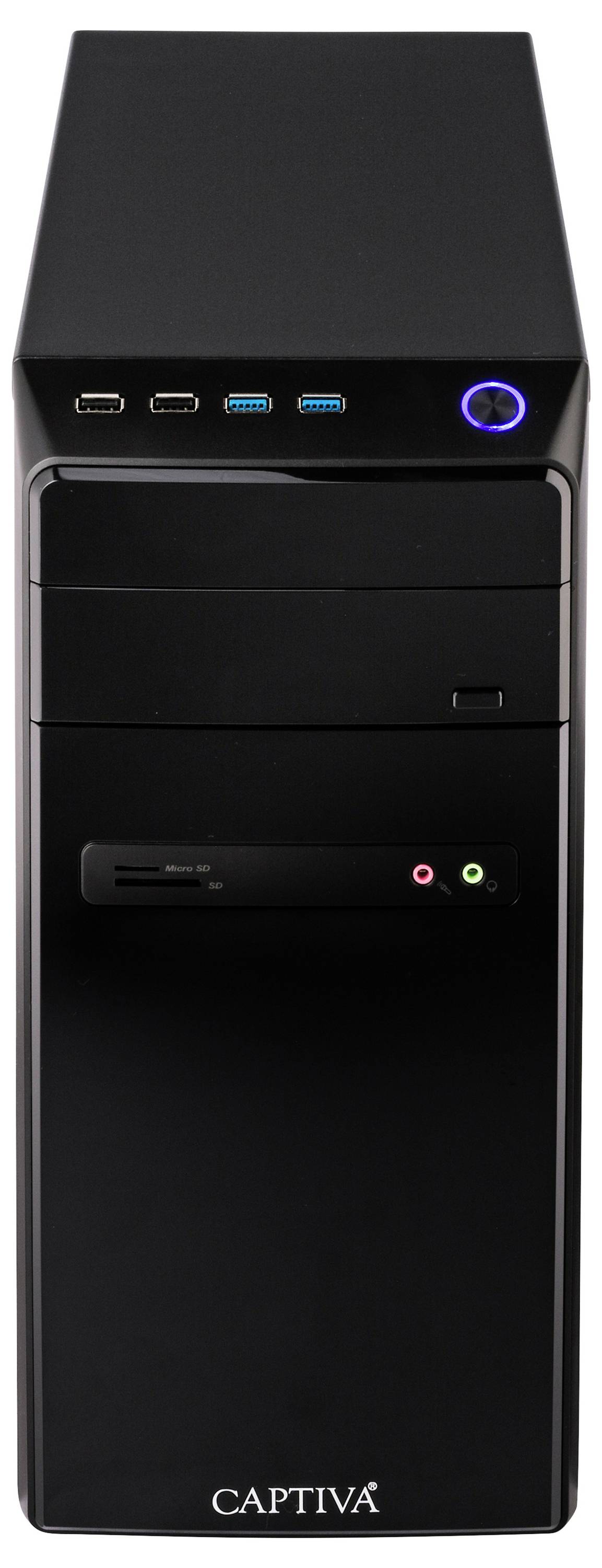 Čierny počítačový tower s USB portami a tlačidlom napájania na vrchu. Značka 'CAPTIVA' viditeľná dole.