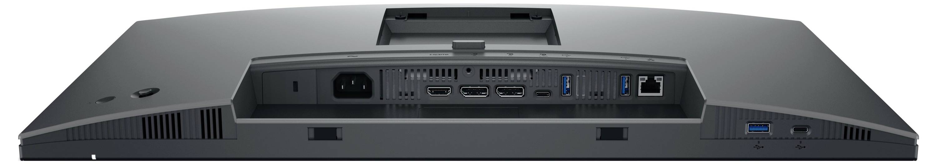 Zadná strana monitora s viacerými portami: napájanie, DisplayPort, HDMI, USB, Ethernet. Vhodné pre všestranné pripojenia.